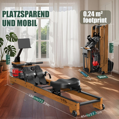 Water Rowing Machine Made Of Wood Foldable Rowing Machine With Wireless Monitor & Tablet Holder, Comfortable Seat, Load Capacity Up To 180 Kg, Without Battery