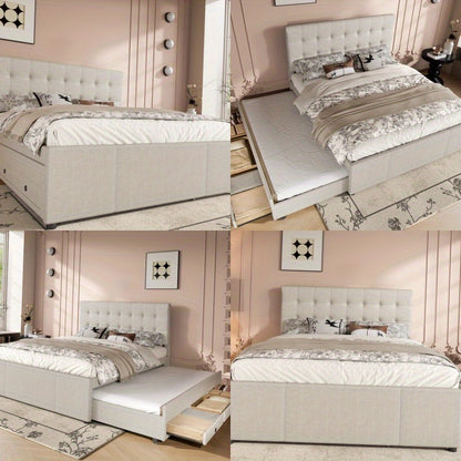 Gestoffeerd Tweepersoonsbed – Double Bed – Familiebed – Huwelijksbed – Opbergbed – 140x200 cm – Verstelbaar Hoofdbord – Beige Bekleding