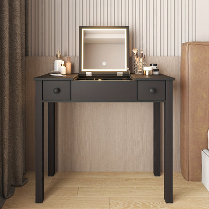 Make-up tafel – Kaptafel – Schminktafel – Vanity – Make-up bureau – Zwart hout – Ingebouwde Spiegel – Met lades
