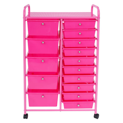 Opbergwagen – Rollende Ladenkast – Mobiele Opbergkast – Organizer Met Lade – Opberger Met Wielen – Rosé Rood – 15 Lades – Stevig Metalen Frame – Mobiel Met Remmen