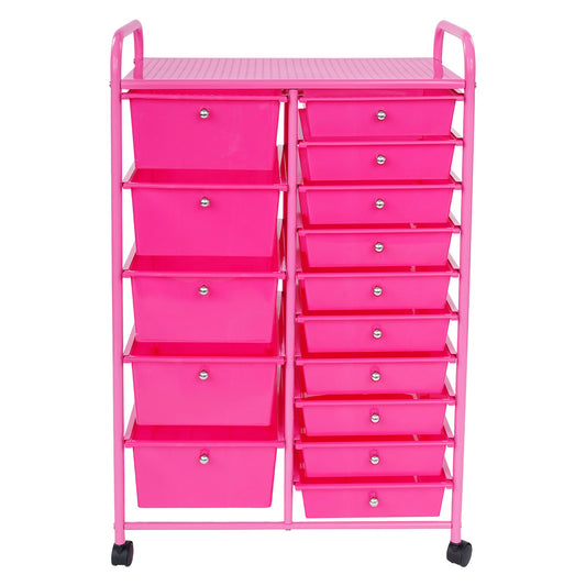 Opbergwagen – Rollende Ladenkast – Mobiele Opbergkast – Organizer Met Lade – Opberger Met Wielen – Rosé Rood – 15 Lades – Stevig Metalen Frame – Mobiel Met Remmen