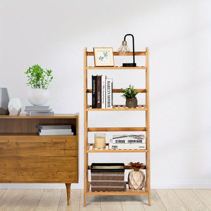 Ladderkast – Boekenkast – Plankenrek – Opbergkast – Traprek – Bamboe Houten Opbergrek – 4 Lagen – 48x32x115 cm