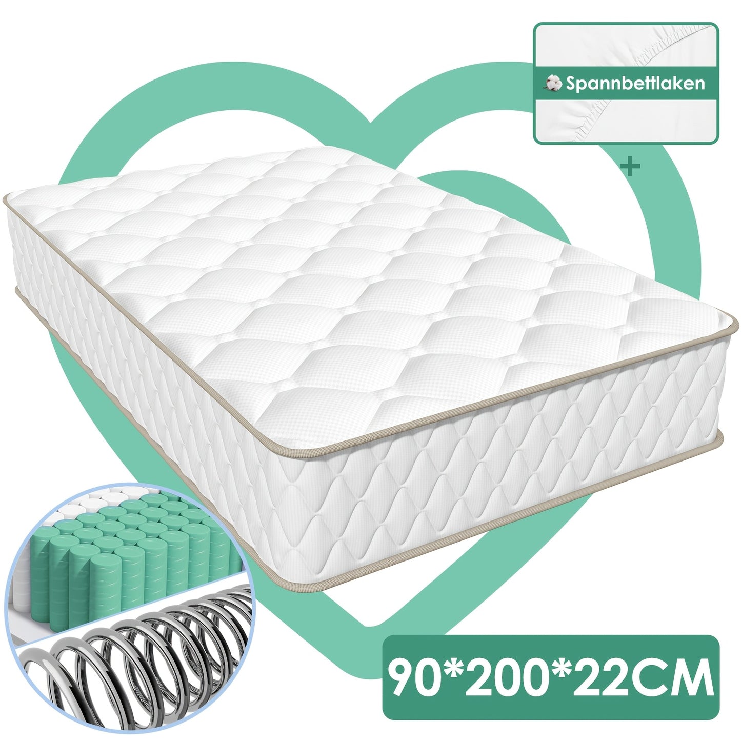 Gronfont Ergonomic 7-Zone Pocket Spring Mattress with Fitted Sheet - Single/Double//Queen Size (90x200/120x200/140x200/160x200cm), Medium Firm H3 Bed Suitable for Adults, & Spinal