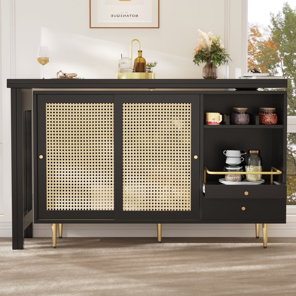 Uitklaptafel – Klaptafel – Vouwtafel – Bartafel – Eettafel – 360° Draaibaar – Uitschuifbaar Met Opbergruimte Rieten Deuren – Compact Modern Design – Duurzaam Niet-Hout Materiaal