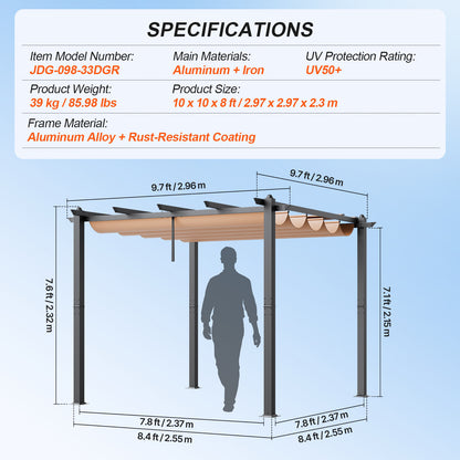 Pergola – Tuinpaviljoen – Terrasoverkapping – Zonwering – Buitenverblijf – Aluminium Frame – Uitschuifbaar Zonnescherm 3x3 m – UV-Bescherming
