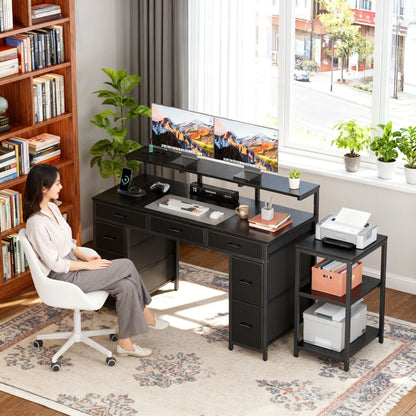 Modern Bureau – Werkplek Desk – Gaming Tafel – Computerbureau – Studiebureau – 120 cm Breed – 8 Laden, Ingebouwde Stopcontacten & Verstelbare Monitorstandaard – Stevig Grijs Design