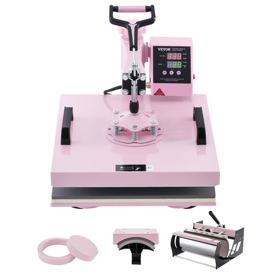 Warmtepers – Heat Transfer Machine – Persmachine – Transferpers – T-Shirt Pers – 5-in-1 Multifunctioneel – 15x15 Inch Verwarmingsplaat – Digitale Temperatuurregeling – Roze