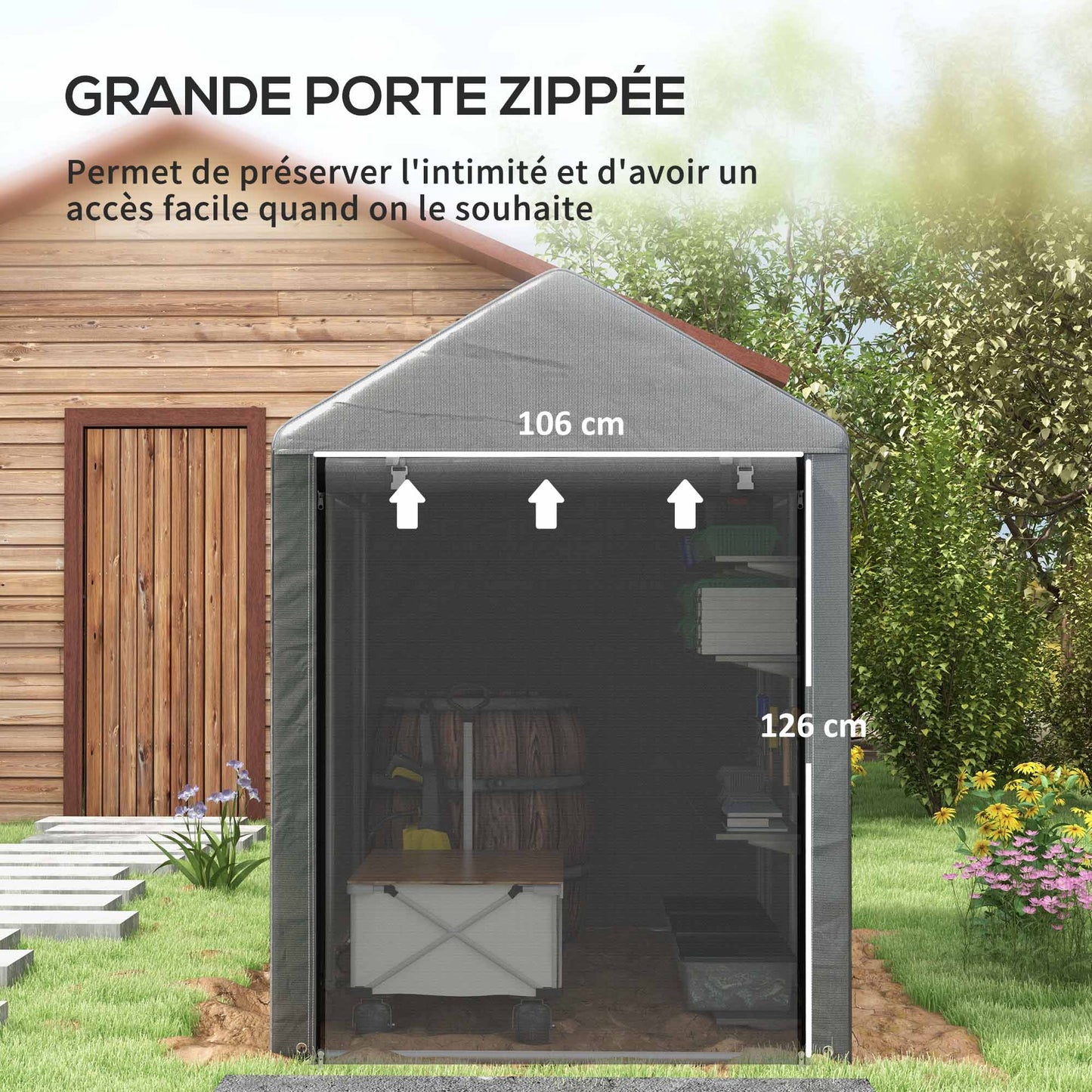 Opbergtent Fietsenstalling Tuinkot Fietsenhoes Motorhoes – Donkergrijs – Waterafstotend PE Materiaal – Stevig Gegalvaniseerd Metalen Frame – Grote Ritsdeur 106x126 cm – Compact 120x179x165 cm