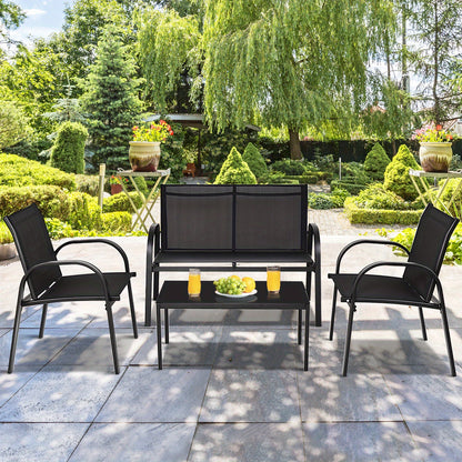 4-delige Loungeset Buiten – Tuinmeubelset – Patio Set – Balkonmeubilair – Outdoor Sofa Set – Duurzaam Metalen Frame – Ademend Zwart Textiel – Inclusief Glazen Salontafel 80 cm