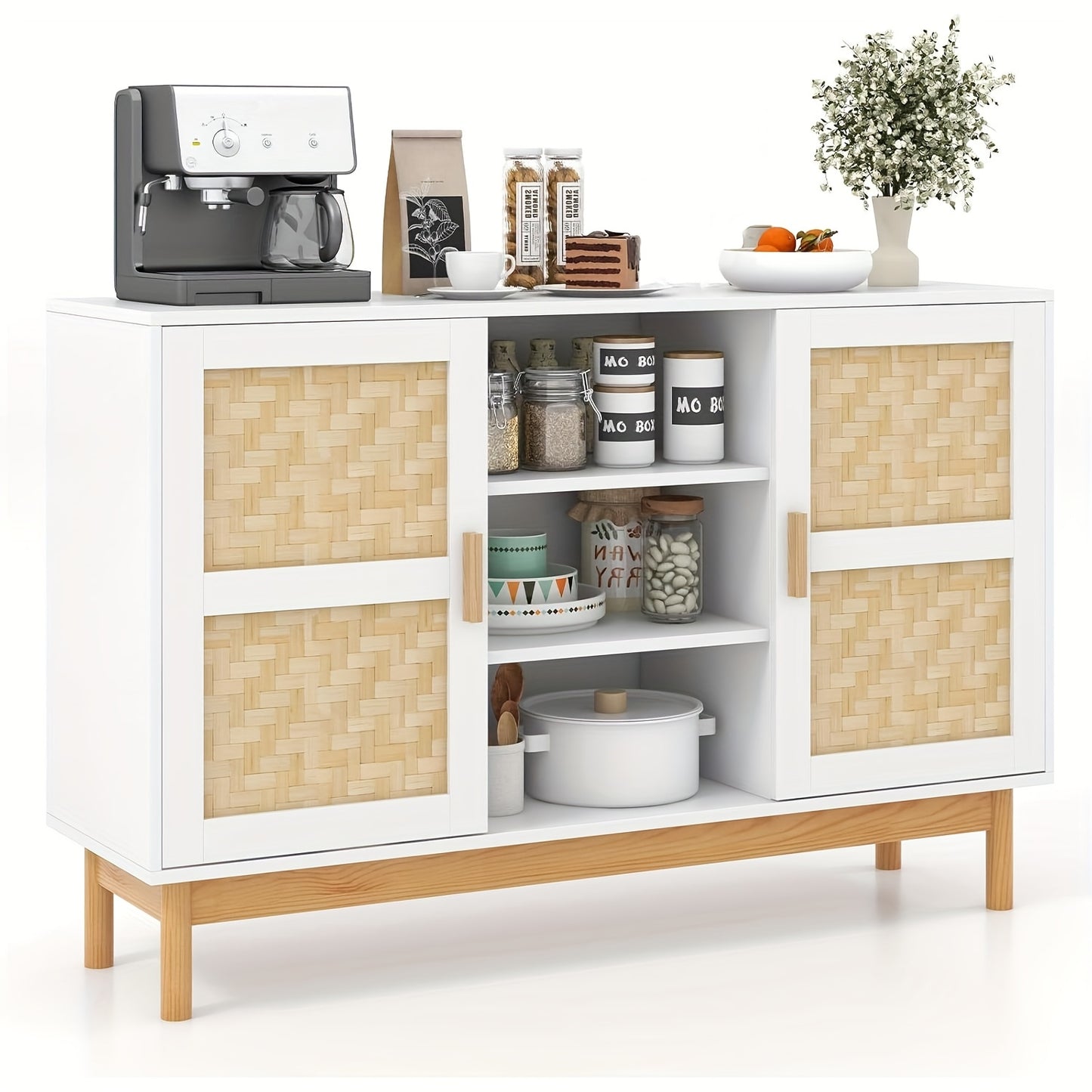 Keukenopbergkast – Dressoir – Buffetkast – Sideboard – Kast – Wit Met Bamboe – 3 Open Planken – 2 Zijdeuren Met Bamboe Vlechtwerk