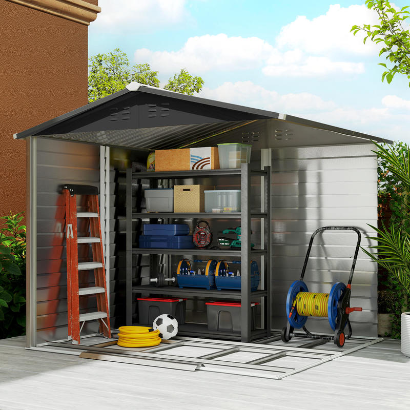 Metal Storage Shed, Weatherproof & Rust-Resistant, Lockable, 2.40 X 2.06 X 1.98 M, Teak, Temporary, Removable. Sturdy And Durable Outdoor Storage Space, Garden House, Tool Room, Yard Storage.