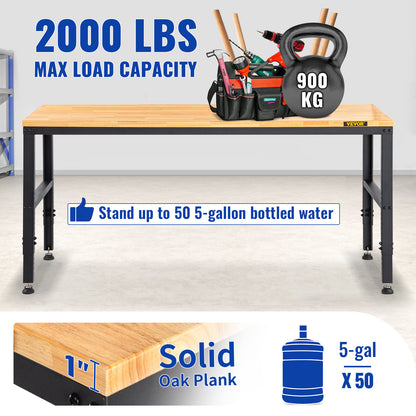 Werkbank – Werktafel – Klusbank – Werkplek – Verstelbare Hoogte – Massief Houten Blad 48"x20" – Stopcontacten en USB Poorten