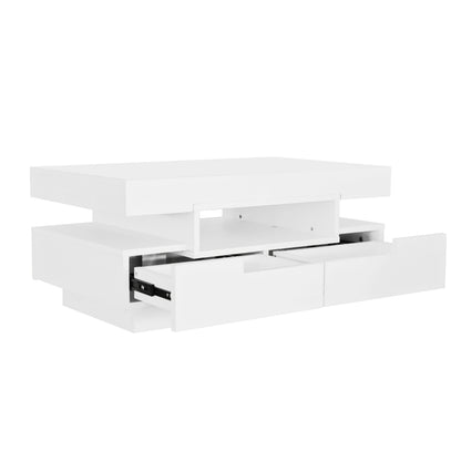 Modern White High-Gloss Coffee Table with Four Front & Back Drawers for Ample Storage, Sleek Two-Tier Design, Perfect for Contemporary Living Rooms, Coffee Table for Living Room