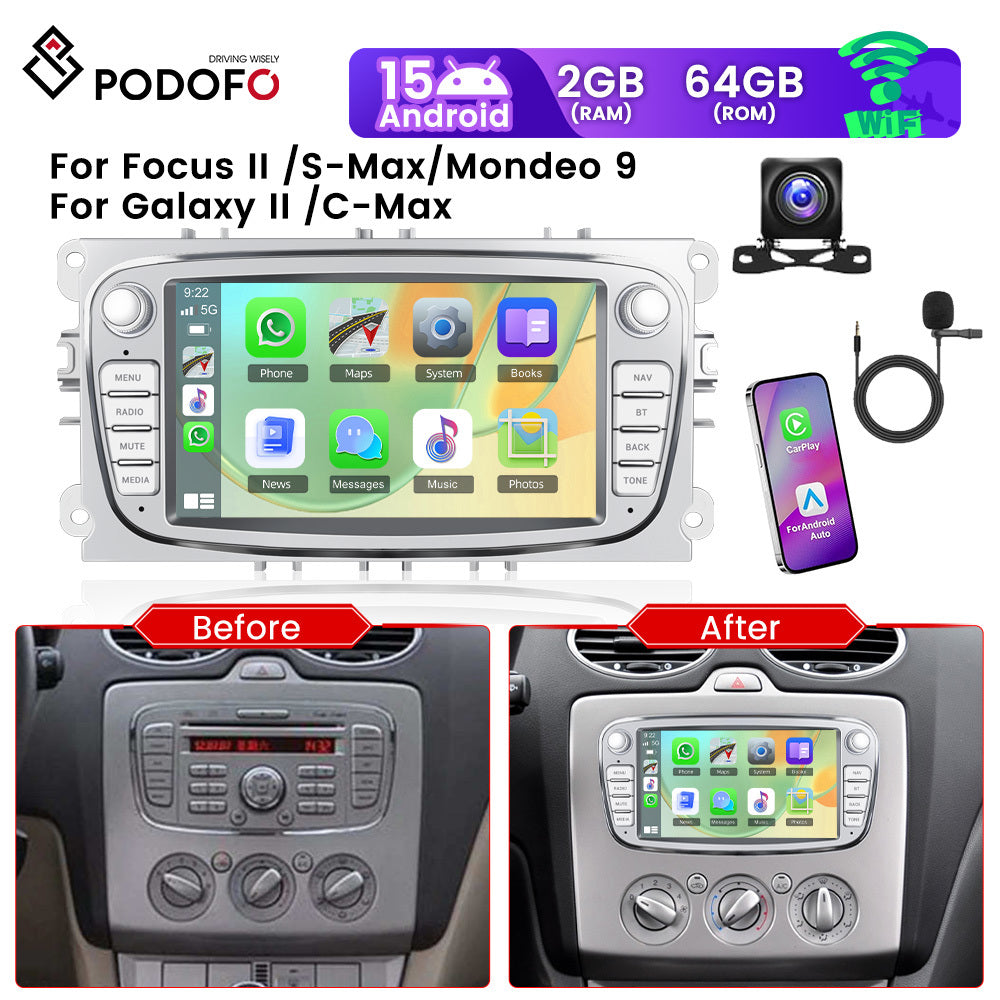 Autoradio Android 15 – Carplay Autoradio – Multimedia Radio – Navigatie Autoradio – Bluetooth Autoradio – 7 Inch HD Touchscreen – Inclusief Achteruitrijcamera & Microfoon