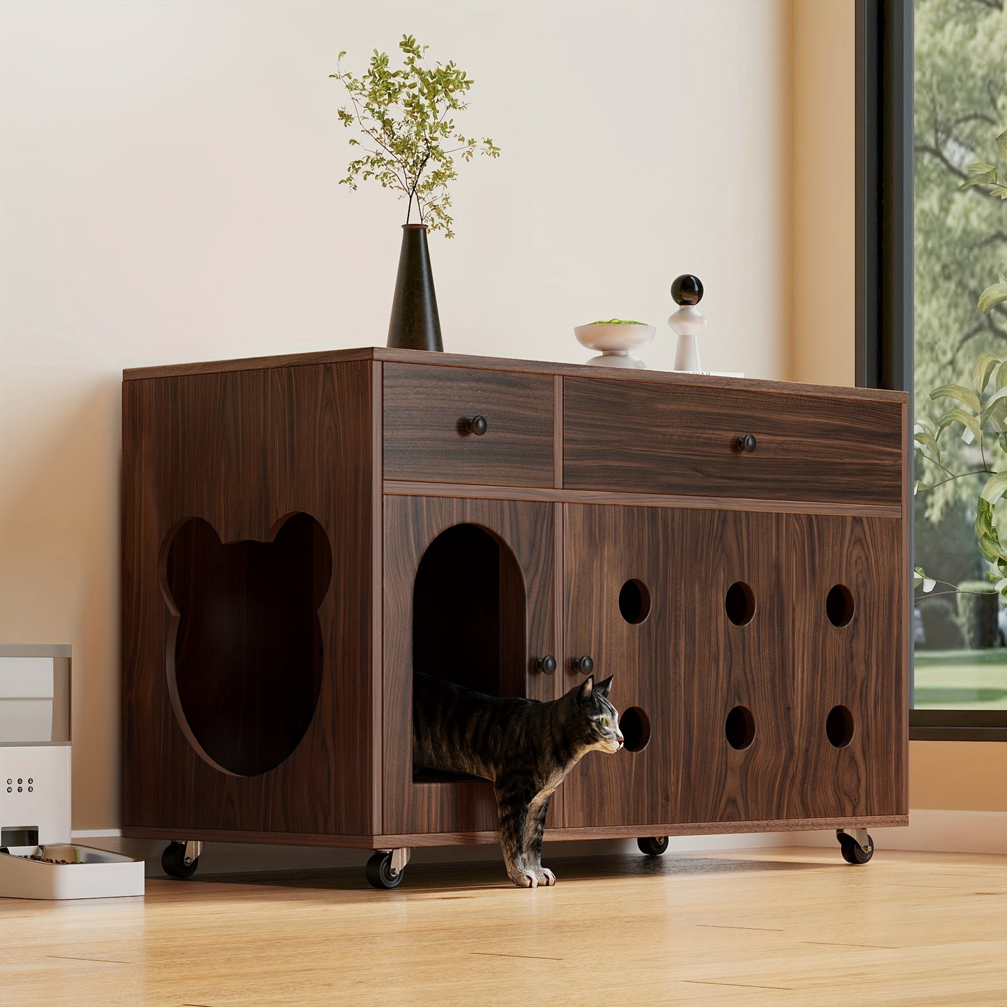 Bijzettafel Kat – Kattentafel – Dierenmeubel – Opbergmeubel – Rattan Tafeltje Bruin – Uitneembare Kattenbaklade – Compact Voor Kleine Ruimtes