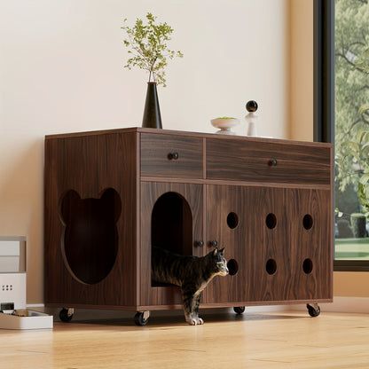 Bijzettafel Kat – Kattentafel – Dierenmeubel – Opbergmeubel – Rattan Tafeltje Bruin – Uitneembare Kattenbaklade – Compact Voor Kleine Ruimtes