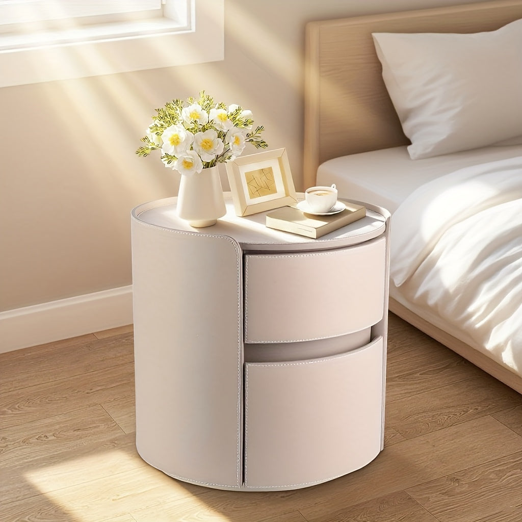 Ronde Nachtkastje – Modern Houten Nachtkastje – Minimalistisch Bedside Table – Compacte Ladekast – Slaapkamer Organiser – Massief Hout – Twee Laden – 45x45x50 cm – Duurzame Constructie Khaki