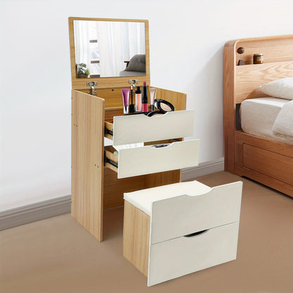 CNCEST Modern Compact Vanity Desk with Makeup Stool - 3-Drawer Storage, Flip-Top Mirror, Space-Saving Design, Sturdy Hardwood Construction, Cream White/Cream Pink/Log Finish for Small Spaces, Dorm, Apartment, Studio, Makeup V