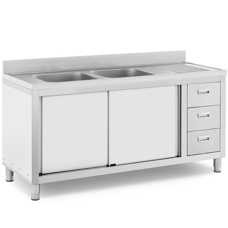 Spoelbak meubels – Keukenmeubel – Onderkast – Keukenkast – Kitchenette – Roestvrijstaal – Dubbele Spoelbak 160x60x95 cm – Schuifdeuren met 3 Lades