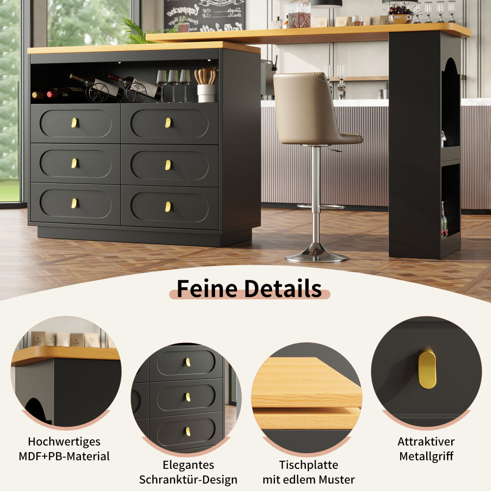 Extendable Bar Table with Swivel Function & Storage Drawers - Adjustable Length Modern Metal Space-Saving Design, Black Contemporary Style with Golden-Toned Legs for Kitchen, Living Room, Dining Room, Home Office - Easy Assem