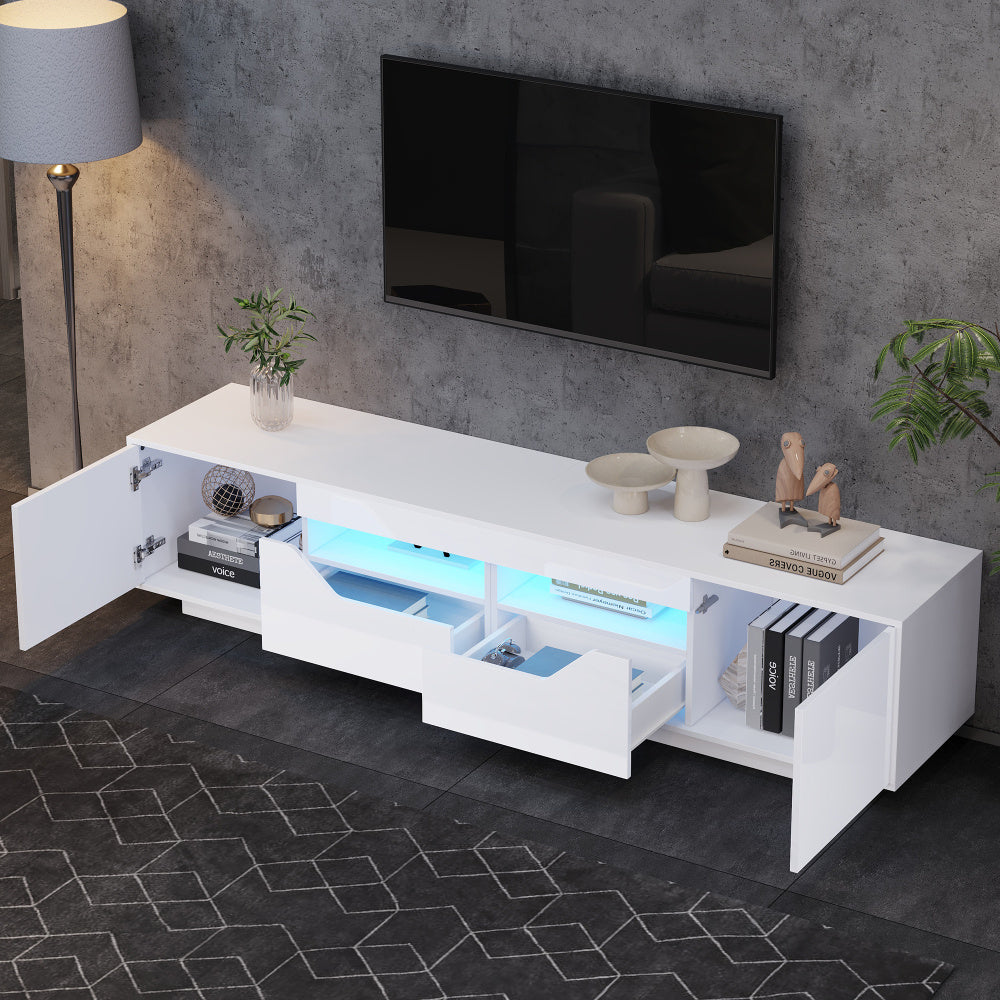 Modern TV Stand Compatible for 75-Inch TVs with 2 Drawers & 2 Doors - Low Profile Floor-Standing Cabinet, Sturdy Metal Frame, Ample Storage for Media Players/Gaming Consoles, Fits for Screens