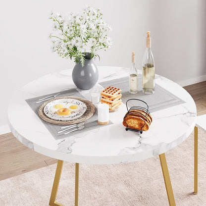 Eettafelset – Eethoek – Keukentafelset – Zitgroep – Tafel en Stoelen – Ronde Tafel Ø 80 cm – Wit Marmerlook Met Goud Metaal – Ruimtebesparend Compact Design – Makkelijk Schoon Te Maken