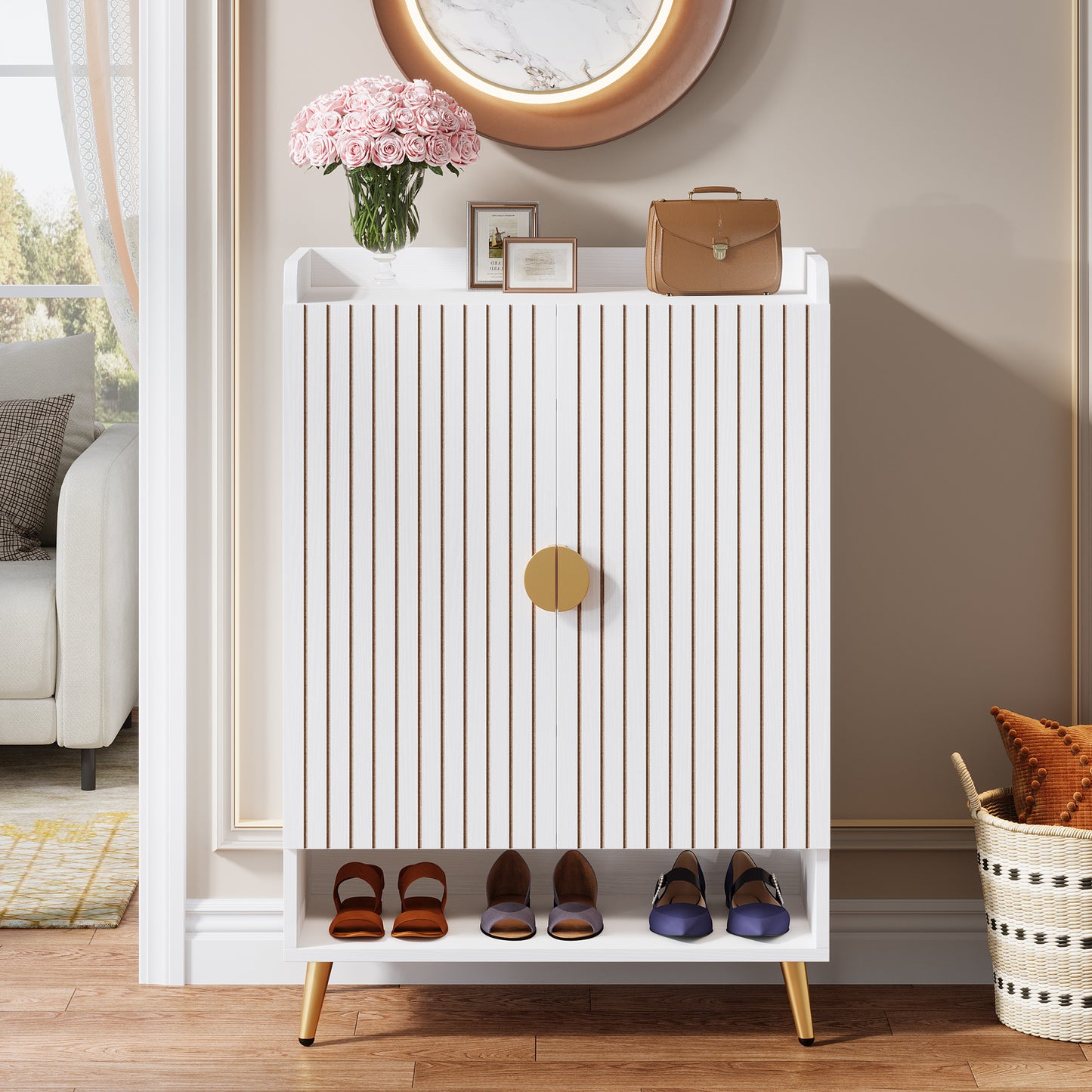 Schoenenkast – Schoenenrek – Schoenopberger – Schoenentoren – Schoenenkast – 6-laags met deuren – Verstelbare planken – Wit met gouden accenten