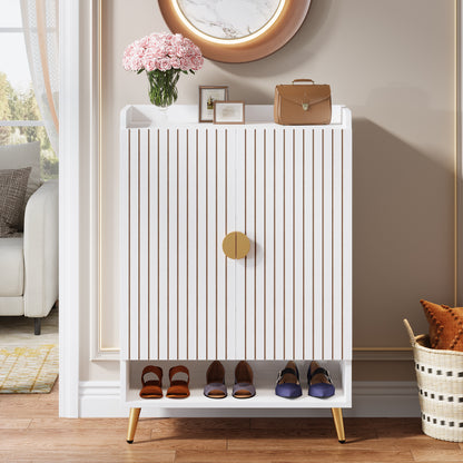 Schoenenkast – Schoenenrek – Schoenopberger – Schoenentoren – Schoenenkast – 6-laags met deuren – Verstelbare planken – Wit met gouden accenten