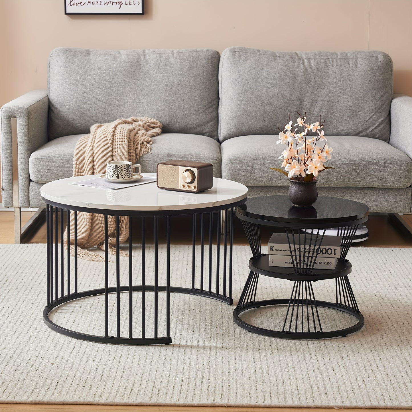 Salontafelset – Salontafels – Bijzettafels – Koffietafel – Woonkamertafel – Modern Design – Hoogglans Marmerlook – Set van 2 Ronde Tafels – Zwart Metalen Frame – Eenvoudige Montage