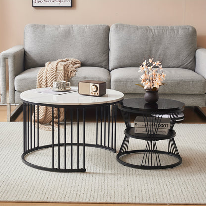 Salontafelset – Salontafels – Bijzettafels – Koffietafel – Woonkamertafel – Modern Design – Hoogglans Marmerlook – Set van 2 Ronde Tafels – Zwart Metalen Frame – Eenvoudige Montage