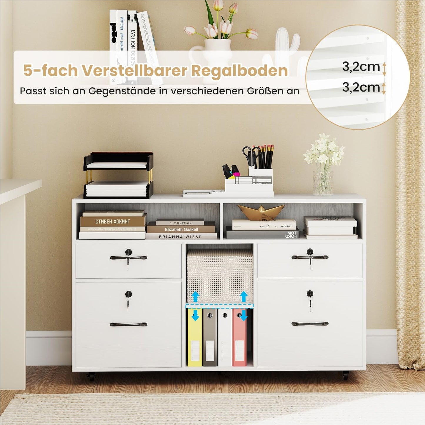 Rollende Ladekast – Mobiele Opbergkast – Archiefkast – Bureaukast – Printerstandaard – 4 Lades Met Slot – Verstelbare Middenplank – Wit – 5 Zwenkwieltjes Met Rem – Stabiel MDF Ontwerp