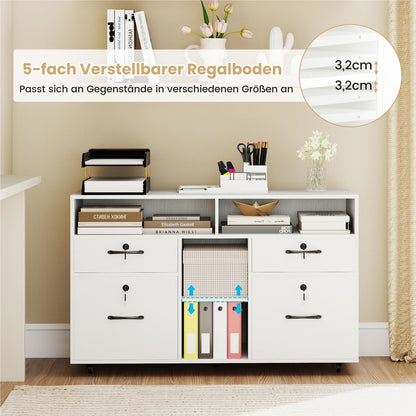 Rollende Ladekast – Mobiele Opbergkast – Archiefkast – Bureaukast – Printerstandaard – 4 Lades Met Slot – Verstelbare Middenplank – Wit – 5 Zwenkwieltjes Met Rem – Stabiel MDF Ontwerp