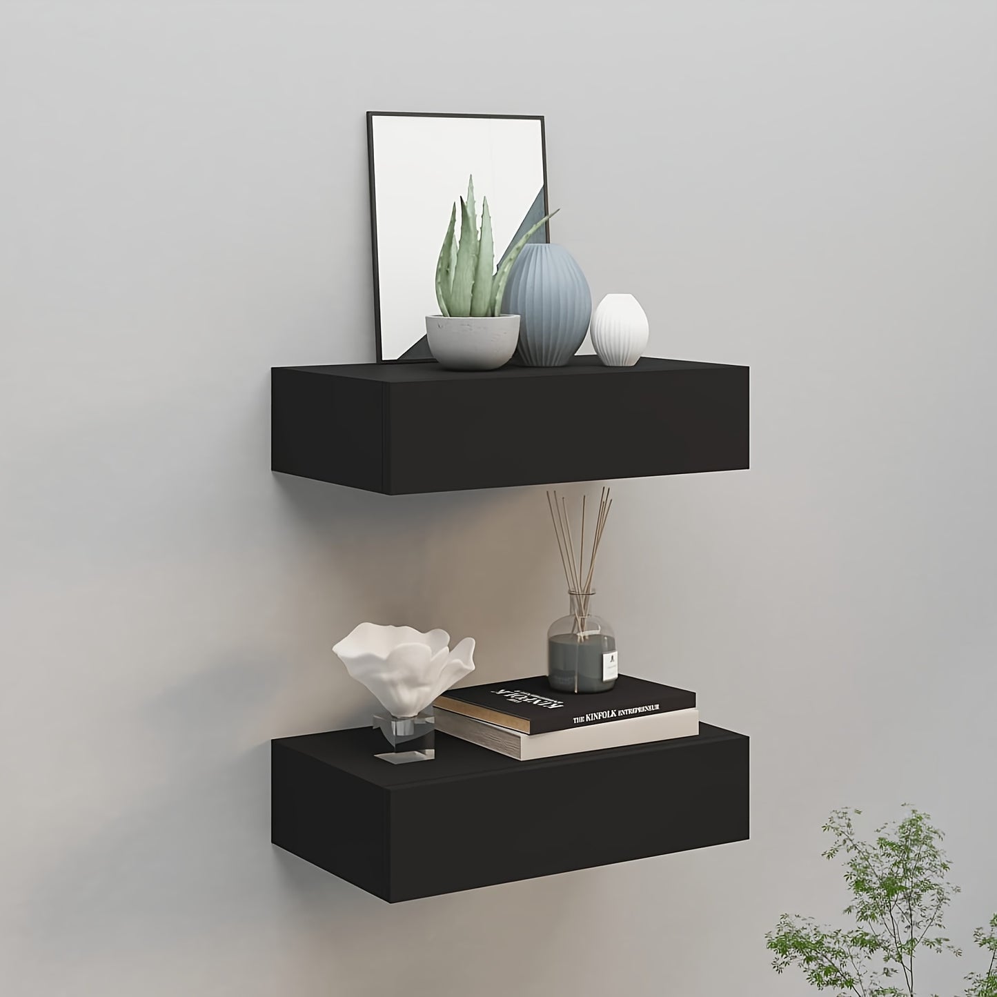 Wandplanken – Zwevende Plank – Muurplank – Opbergplank – Ladeplank – Zwart – Set van 2 – MDF – 40x23,5x10 cm – Met Lade – Ruimtebesparend