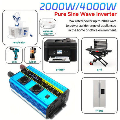 Power Inverter – Omvormer – Spanningsomvormer – DC naar AC Converter – Zuivere Sinusgolf – 2000W Nominaal – 4000W Piekvermogen – LCD Display & Draadloze Afstandsbediening