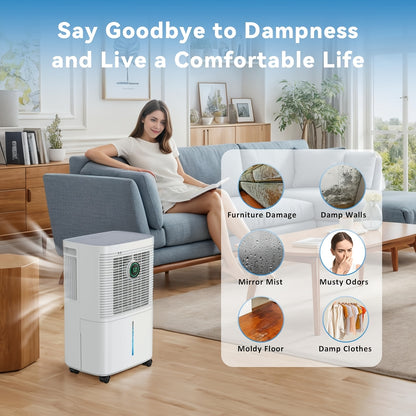 Extra-large Capacity Dehumidifier Featuring A 1.6L Water Tank, Supporting Continuous Operation with A Maximum Daily Dehumidification Capacity Of 12L. Minimalist White Contemporary Design Seamlessly Integrates Into Any Home En