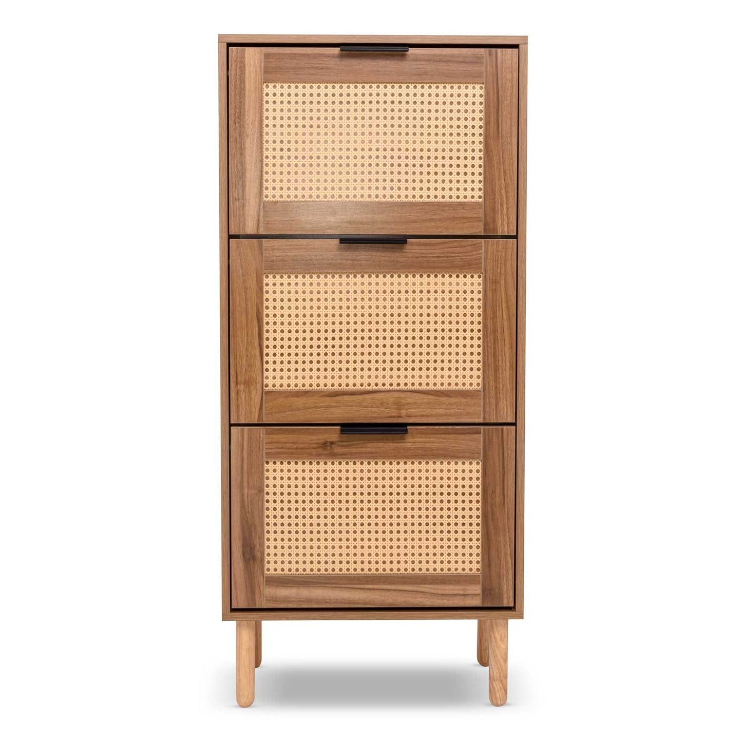 Schoenenkast – Schoenenrek – Schoenopberger – Schoenenmeubel – Schoenenhouder – 3-laags houten kast met rattan – Compact design 55x25x124 cm
