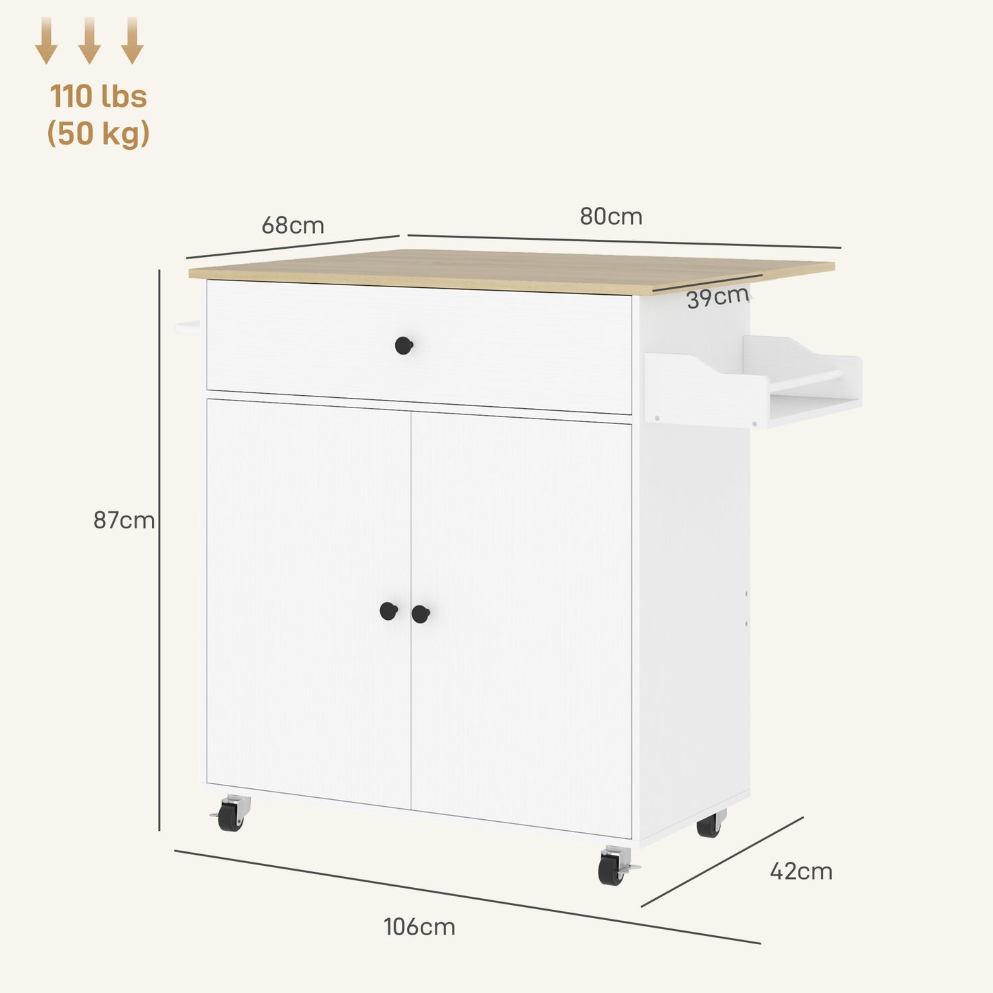Keukentrolley – Serveerwagen – Keukenwagen – Keukenrek – Keukeneiland – Uitschuifbaar Werkblad – Verstelbare Plank – Wit – 106x42x87 cm
