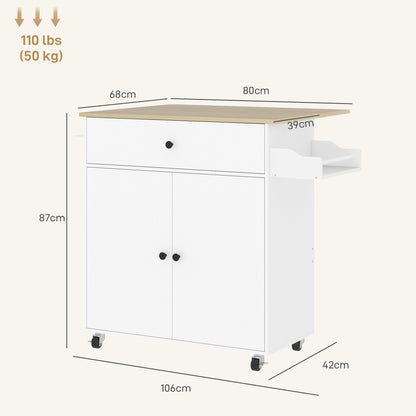 Keukentrolley – Serveerwagen – Keukenwagen – Keukenrek – Keukeneiland – Uitschuifbaar Werkblad – Verstelbare Plank – Wit – 106x42x87 cm