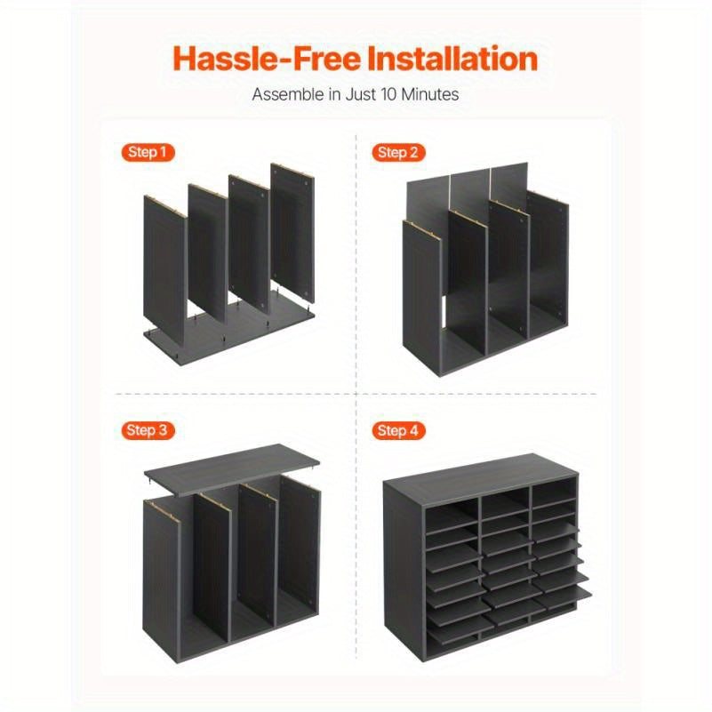 Houten Organizer – Boekhouder – Tijdschrifthouder – Documentenrek – Opbergmeubel – 24 Verstelbare Planken – Grijs Fiberboard – Compact & Duurzaam