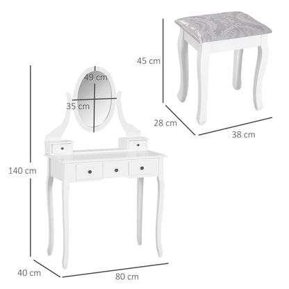 Kaptafel – Make-uptafel – Schminktafel – Beautytafel – Dressingtable – Barokstijl – Kantelbare Ovale Spiegel – 5 Ruime Lades – MDF & Massief Houten Poten – Comfortabele Kruk met Foamvulling – Wit – 80x40x140 cm