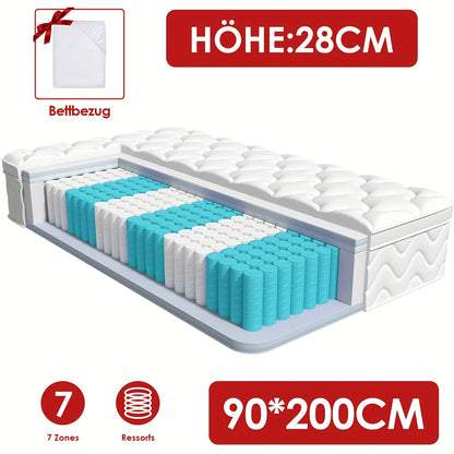 Matras – Pocketveringmatras – 7-zone Matras – Ergonomisch Matras – Springmatras – Stevigheid H3 – Afneembare Katoenen Hoes – Hoesmatras 140x200/90x200 cm – Hoogte 22 cm