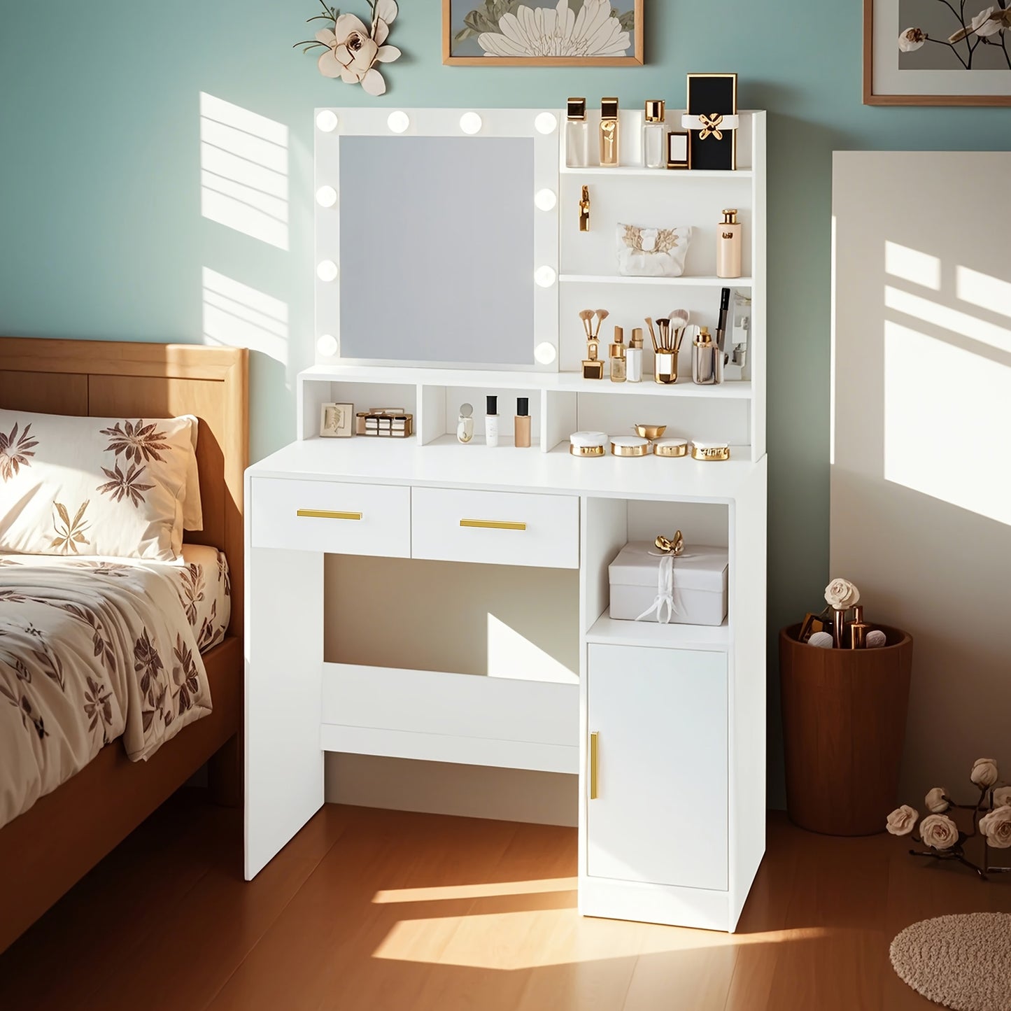 Make-up Tafel – Dressing Table – Kaptafel – Schminktisch – Vanity Table – Witte Make-up Tafel – 10 LED Lampjes Met Verstelbare Helderheid – 2 Lades, Kastje En Opbergruimte