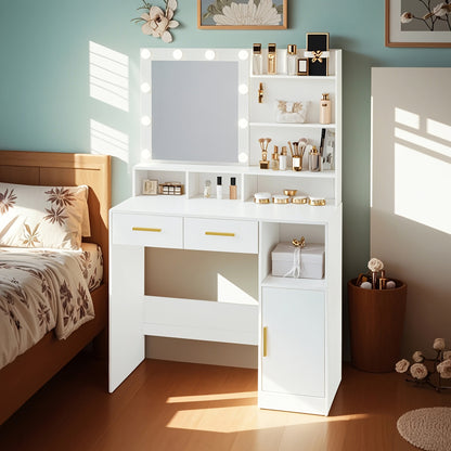 Make-up Tafel – Dressing Table – Kaptafel – Schminktisch – Vanity Table – Witte Make-up Tafel – 10 LED Lampjes Met Verstelbare Helderheid – 2 Lades, Kastje En Opbergruimte
