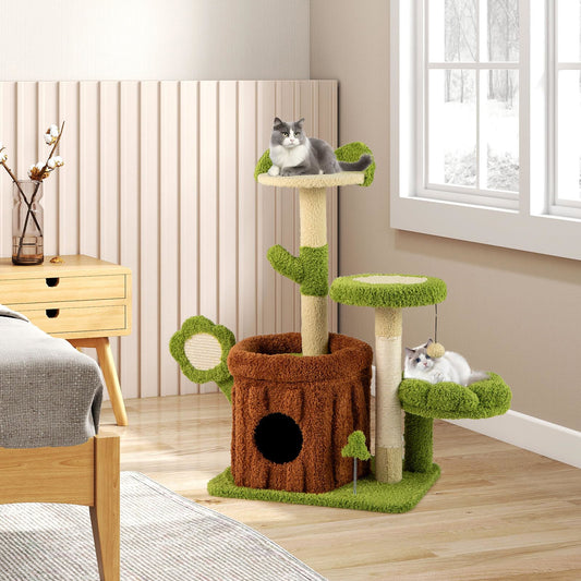 Kattenkrabpaal – Krabpaal – Speeltoren – Kattenhuis – Krabmeubel – Groen en Bruin – 91 cm Hoog – Sisal Kraboppervlakken