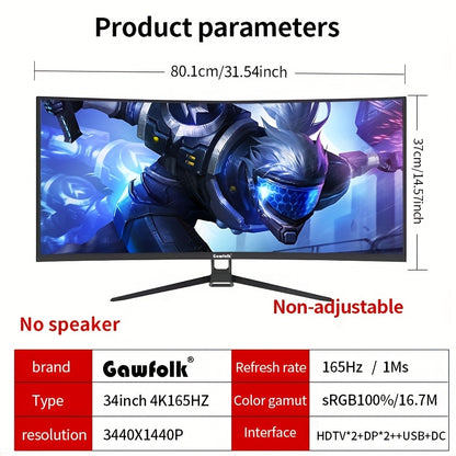 Gaming Monitor – Curved Scherm – Ultrawide Beeldscherm – PC Monitor – Computer Display – 34 Inch UWQHD 3440x1440 – 165Hz Verversingssnelheid – 1500R Boogvorm
