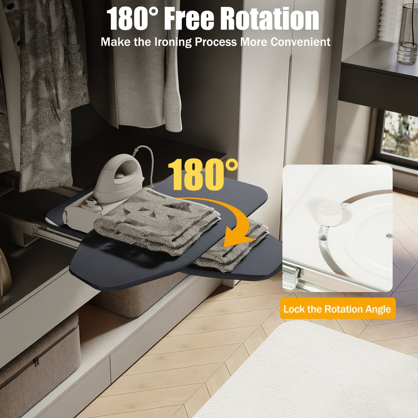 Space-Saving Closet Pull-Out Ironing Board - Heavy-Duty Retractable ironing board with 180° Rotation, Compact Storage Cabinet Organizer, Carbon Steel Construction & Non-Slip Surface - Ideal for Apartments, Dorms, Small Space