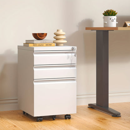Ladeblok – Ladeblok Bureau – Bureaukast – Archiefkast – Ladekast – 3 Lade Met Slot – Mobiel Met Wieltjes – Stalen Kantoor Organizer – Wit – 68,5 cm Hoog – Minimalistisch Design