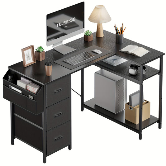 Bureau – Bureautafel – Computertafel – Hoekbureau – Werkplek – L-vormig Design – 3 Stoffen Laden & Grote Opbergzak – Fiberboard Stevige Constructie – 140 x 78 x 74 cm – Zwart