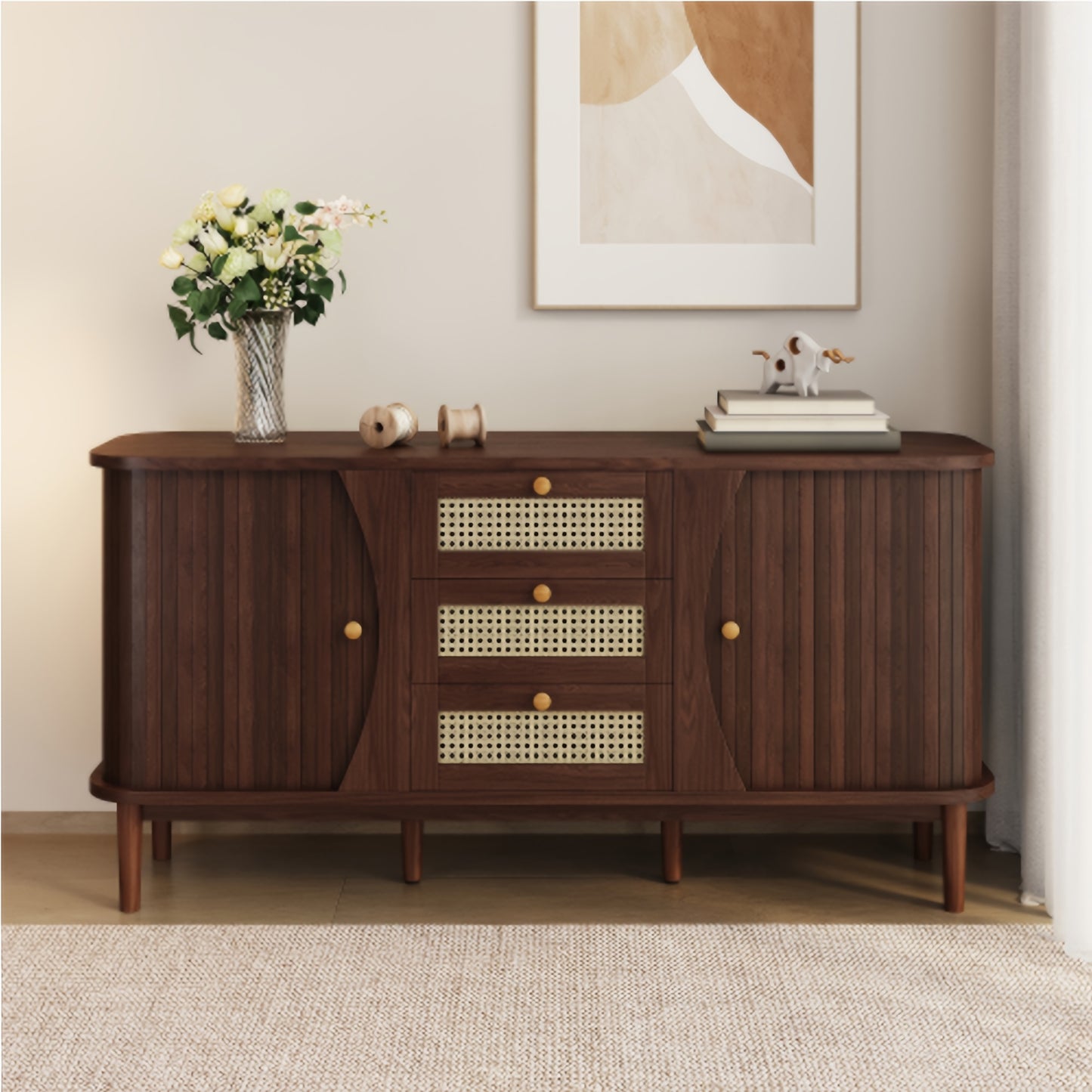 Houten Dressoir – Sideboard – Dressoir Kast – Ladekast – Rattan Kast – Massief Hardhout – Schuifdeuren met Lades