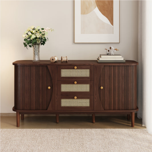 Houten Dressoir – Sideboard – Dressoir Kast – Ladekast – Rattan Kast – Massief Hardhout – Schuifdeuren met Lades